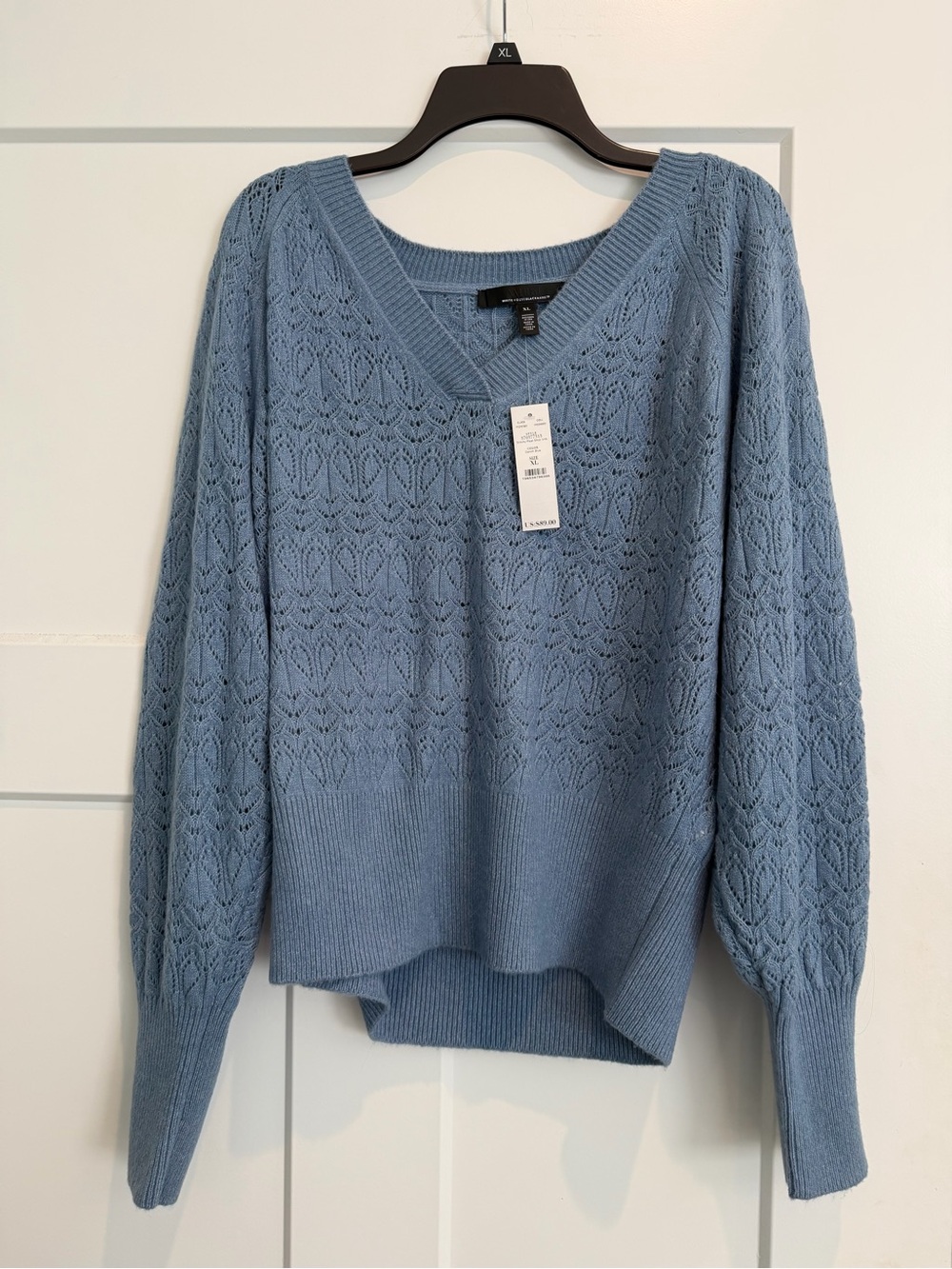 White House Black Market Light Blue V-Neck Pointelle Sweater